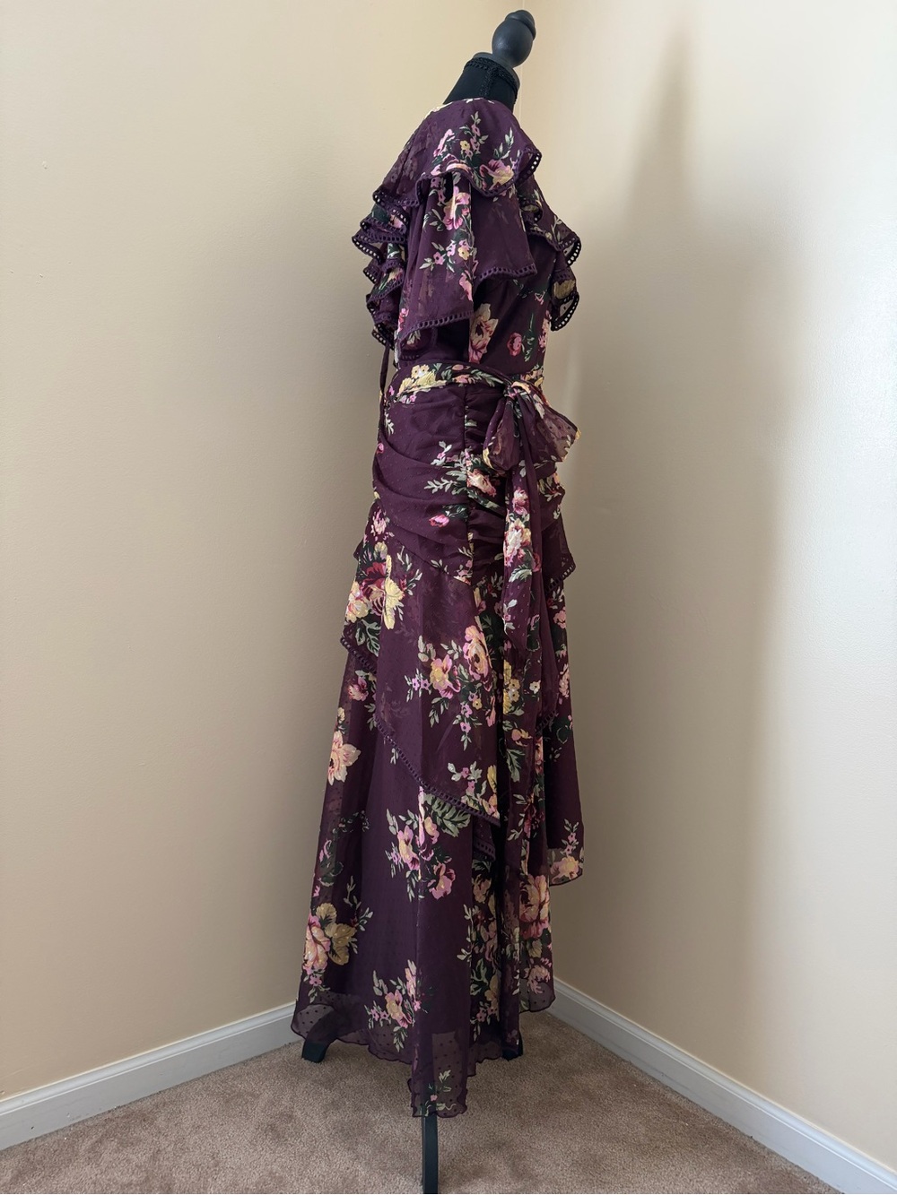 ASOS Ladies Floral Ruffle Maxi Dress in Plum Floral - Picture 4 of 5